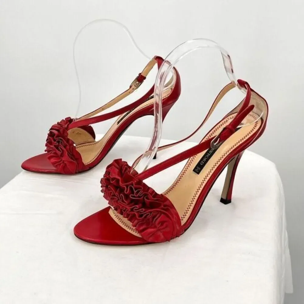 Courtney‎ Crawford Ruffle Leather Strappy Heels Sandals Red 38.5 (8) Made Italy